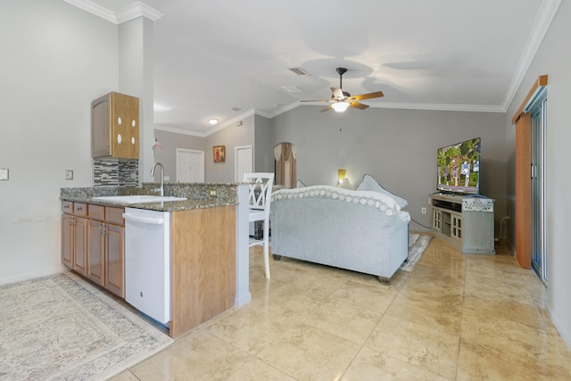 kitchen featuring kitchen peninsula, ornamental molding, dishwasher, vaulted ceiling, and decorative backsplash