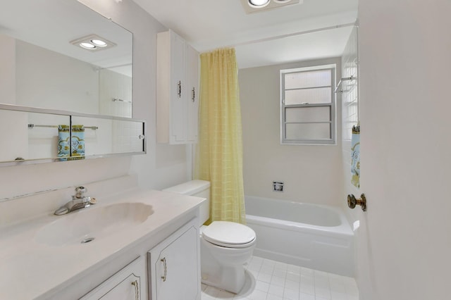 full bathroom featuring tile patterned floors, shower / bath combo, vanity, and toilet