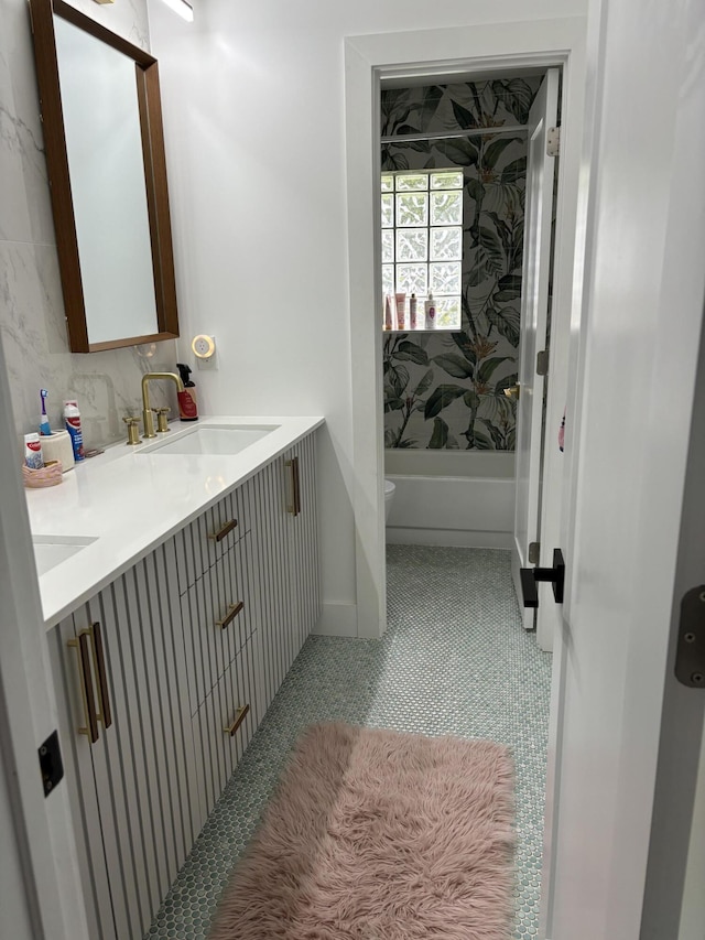 full bathroom with tile patterned flooring, vanity, toilet, and bathtub / shower combination