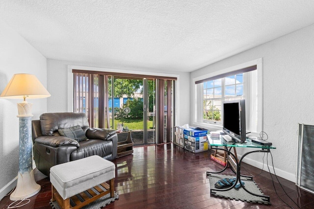 living room with a textured ceiling and dark hardwood / wood-style flooring