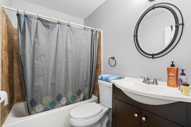 full bathroom with vanity, toilet, and shower / bathtub combination with curtain