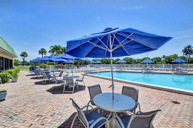 view of pool featuring a mountain view and a patio