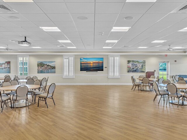 dining area with ceiling fan, a drop ceiling, and light wood-type flooring