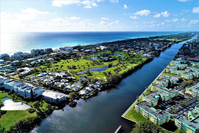 aerial view featuring a water view