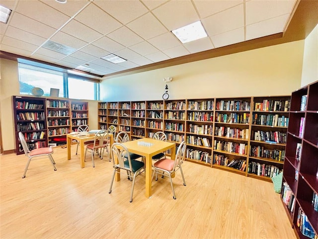 interior space with a drop ceiling and hardwood / wood-style flooring