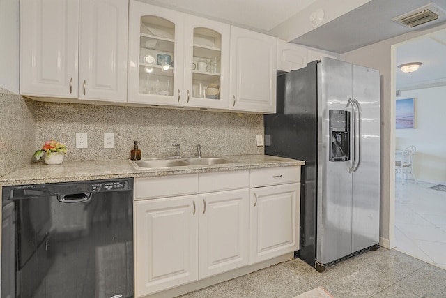 kitchen with decorative backsplash, sink, dishwasher, white cabinets, and stainless steel fridge with ice dispenser