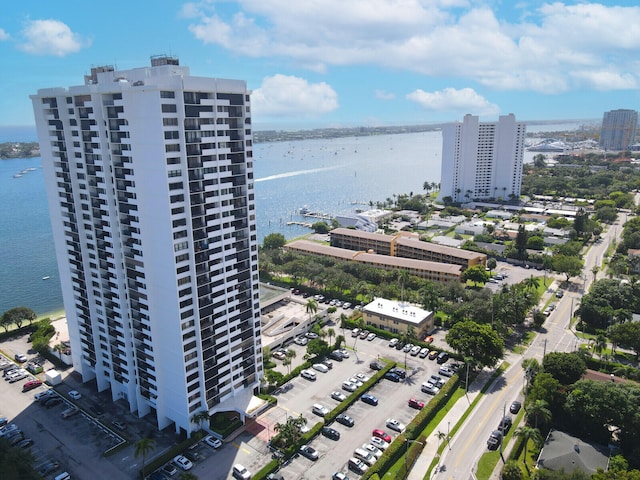 bird's eye view with a water view