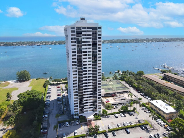 bird's eye view with a water view