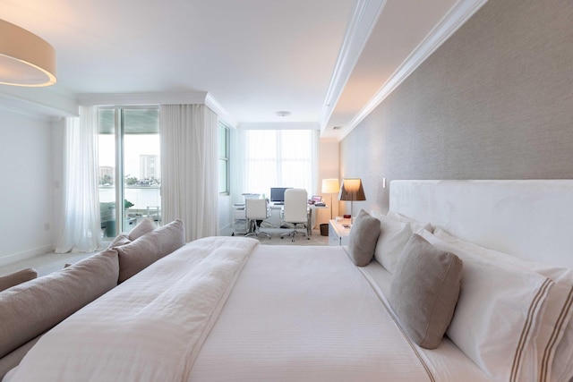 bedroom with ornamental molding and light carpet