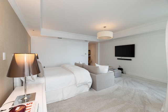 carpeted bedroom featuring a raised ceiling and ornamental molding