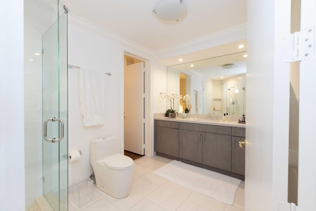 bathroom featuring an enclosed shower, tile patterned floors, crown molding, vanity, and toilet