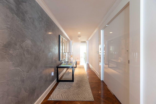 hall featuring ornamental molding, tile walls, and dark parquet floors