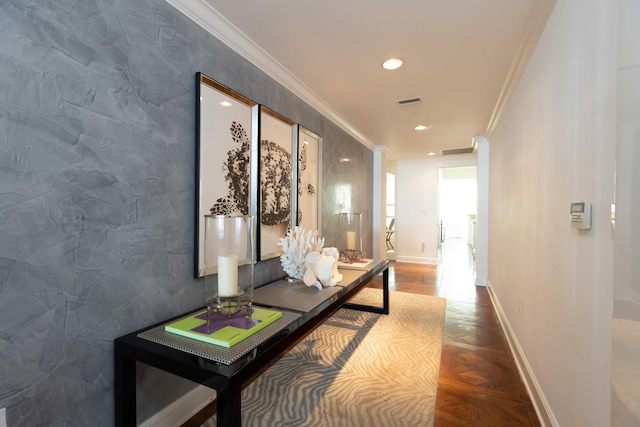 hall with parquet floors, ornamental molding, and tile walls