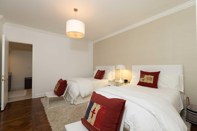 bedroom featuring crown molding and dark parquet floors