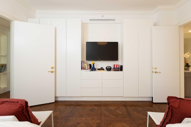 living room featuring ornamental molding and dark parquet floors