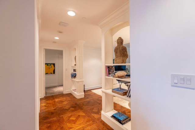 hallway featuring dark parquet floors and crown molding