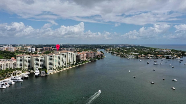 drone / aerial view with a water view