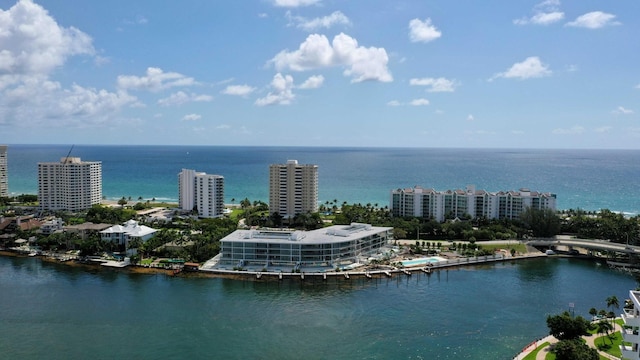 aerial view featuring a water view