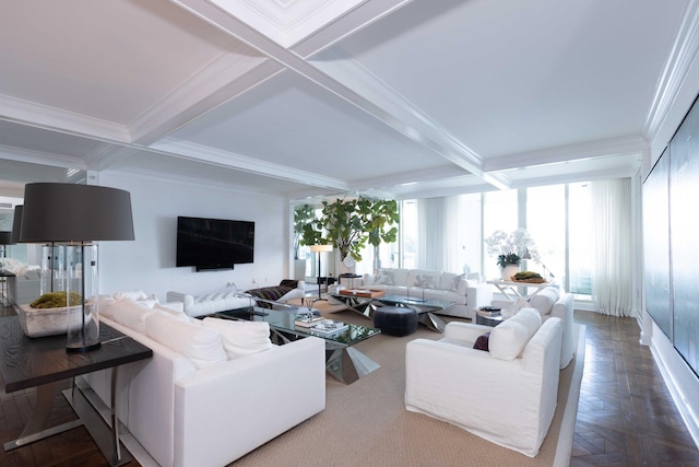 living room with coffered ceiling, beamed ceiling, parquet flooring, and crown molding