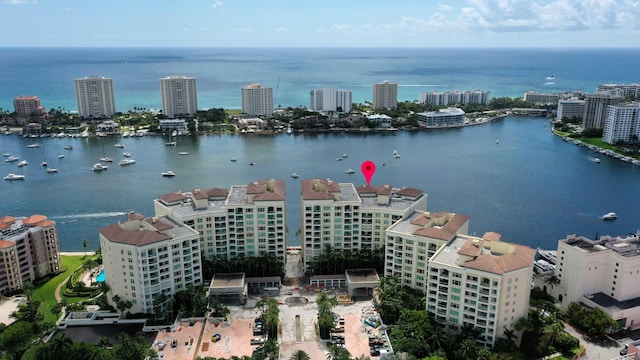 drone / aerial view with a water view