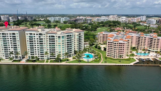 birds eye view of property featuring a water view