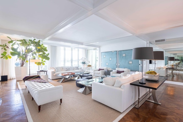 living room featuring parquet floors, ornamental molding, and beamed ceiling