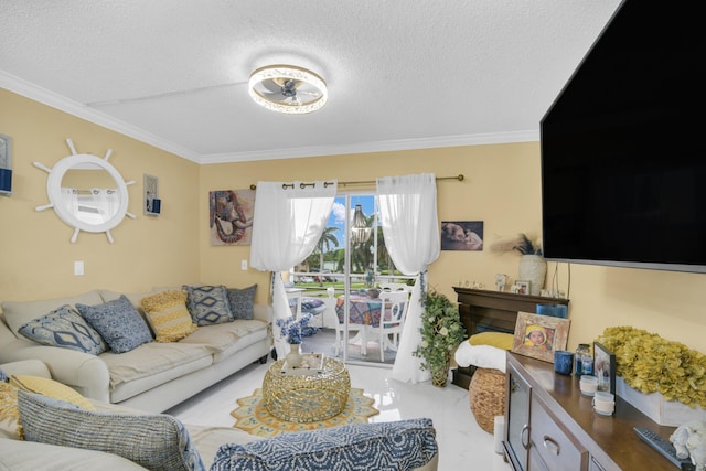 living room with a textured ceiling and crown molding