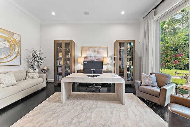 home office featuring dark wood-type flooring and ornamental molding