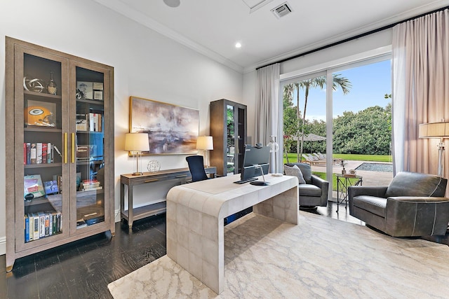 home office featuring dark hardwood / wood-style floors and ornamental molding