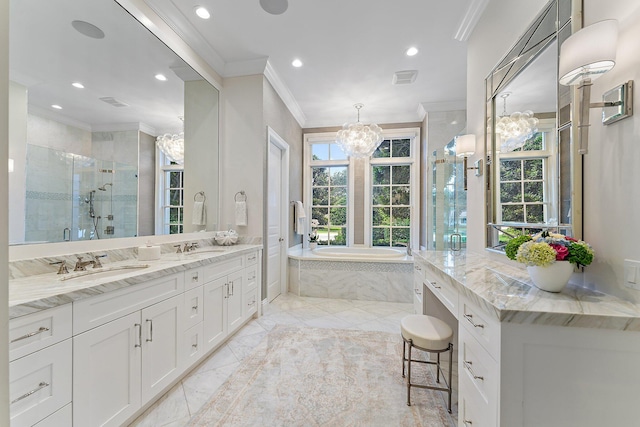 bathroom with crown molding, separate shower and tub, a chandelier, and vanity