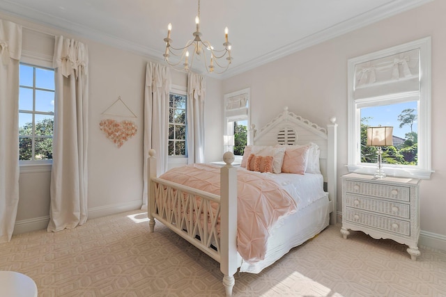 bedroom with a notable chandelier, ornamental molding, and multiple windows