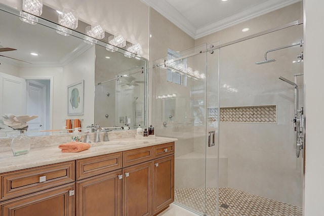 full bathroom with shower / bath combination with glass door, vanity, ornamental molding, and toilet