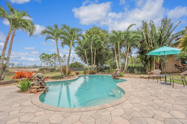 view of swimming pool with an outdoor living space and a patio