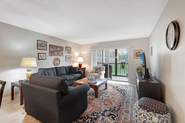 living room with light hardwood / wood-style flooring and a textured ceiling