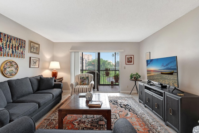 living room featuring a textured ceiling