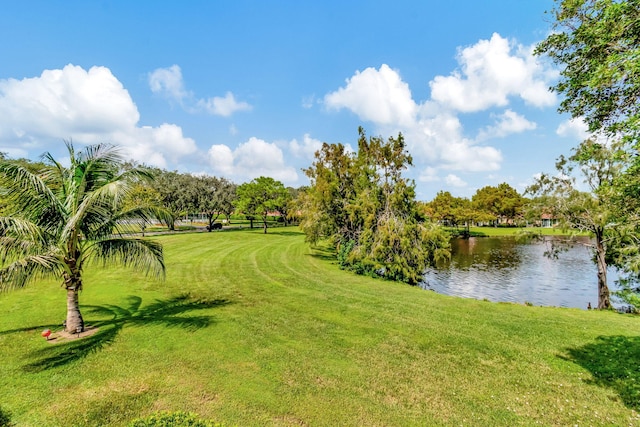 surrounding community with a lawn and a water view