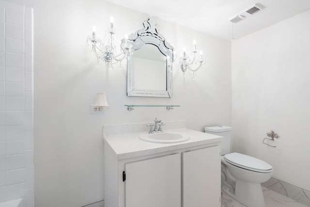 bathroom with walk in shower, vanity, and toilet