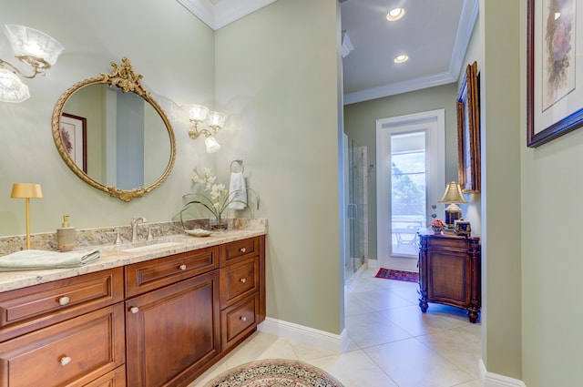 bathroom with ornamental molding, tile patterned flooring, vanity, and a shower with curtain