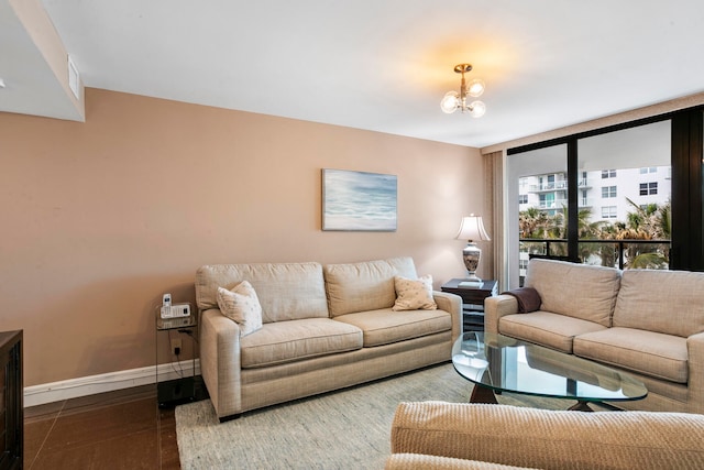 living room featuring an inviting chandelier