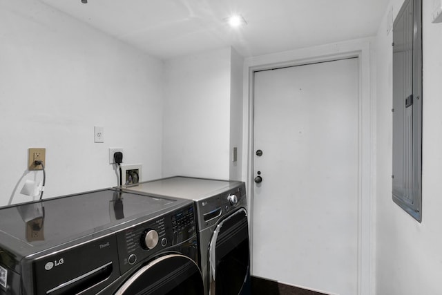 washroom featuring electric panel and washer and clothes dryer