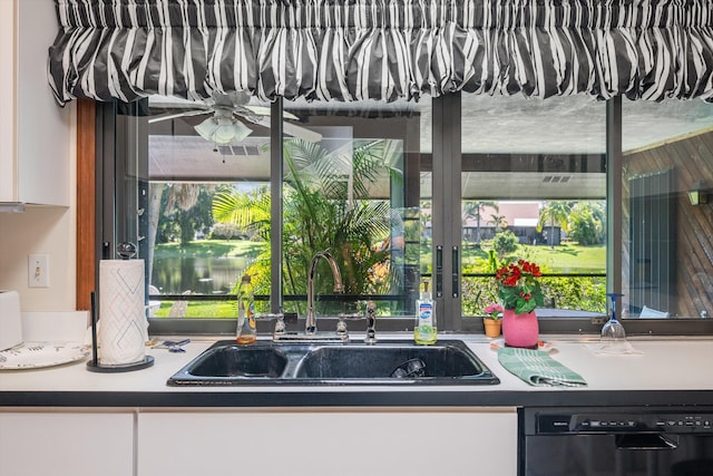 kitchen with stainless steel dishwasher, sink, and ceiling fan