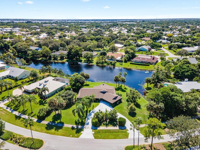 drone / aerial view featuring a water view