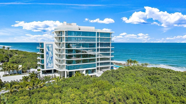 view of building exterior featuring a water view