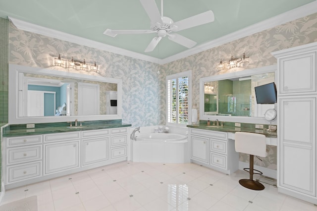 bathroom with tile patterned flooring, vanity, ornamental molding, ceiling fan, and separate shower and tub