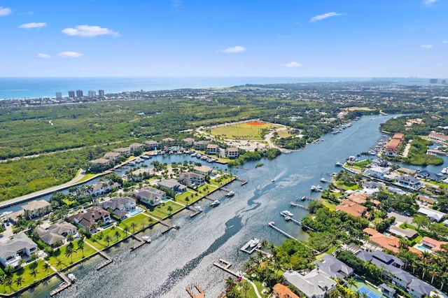 bird's eye view with a water view