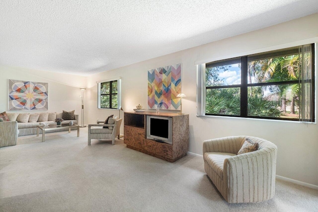 living area with light colored carpet and a textured ceiling