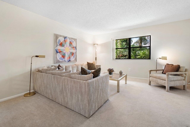 living room with a textured ceiling and carpet floors