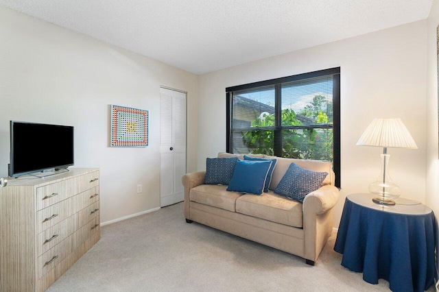 carpeted living room with a textured ceiling