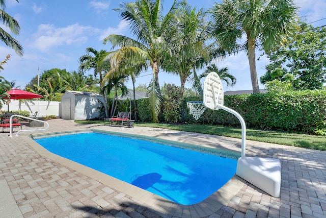 view of pool featuring a shed and a patio area