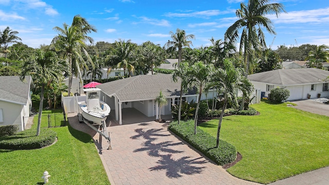 view of front of house featuring a garage and a front lawn